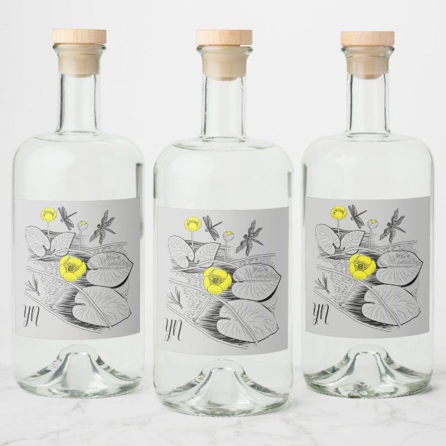 Water-lilies yellow engraving graphic black liquor bottle label (Bottles)