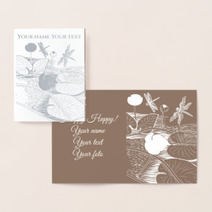 Water-lilies yellow engraving graphic brown foil card