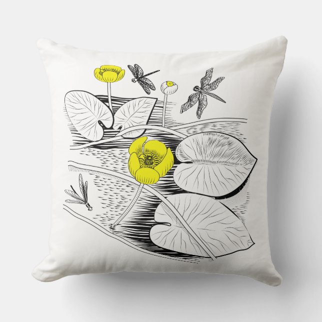 Water-lilies yellow engraving graphic cushion (Front)