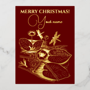 Water-lilies yellow engraving graphic Foil Holida Foil Holiday Postcard
