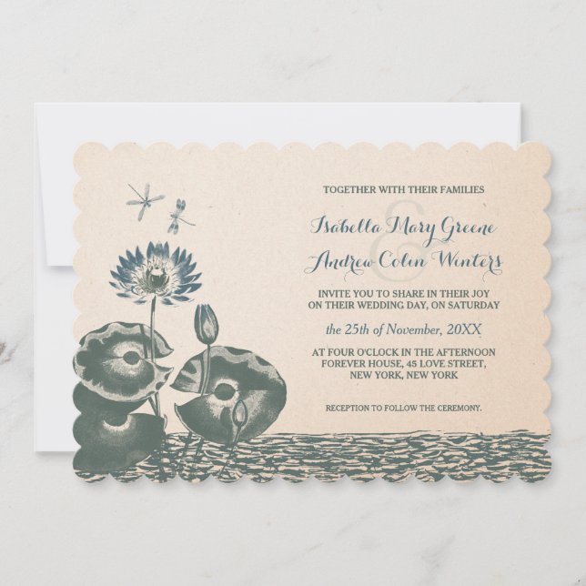 Water lily and dragonfly wedding invitation (Front)