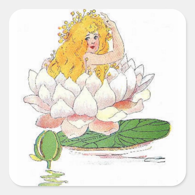 Water Lily Cute Flower Child Floral Fairy Girl Square Sticker (Front)