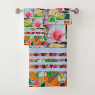 Water Lily Light Blue Grey Mosaic Pattern Bath Towel Set