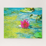 Water Lily Lilypad Jigsaw Puzzle<br><div class="desc">A fuchsia water lily with lime green foliage in turquoise water makes a Monet-inspired jigsaw puzzle.</div>