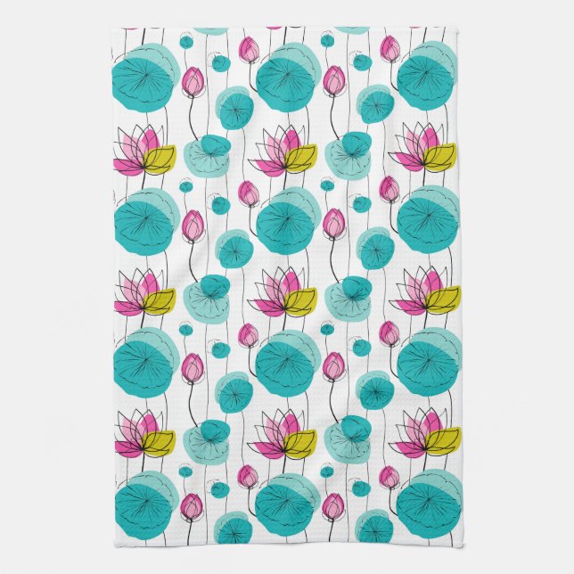 Water Lily Pads Flowers Bold Bright Colours Dish Tea Towel (Vertical)