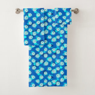 Water Lily Pattern, Turquoise, Blue and White Bath Towel Set