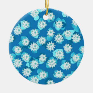 Water Lily pattern, turquoise, blue and white Ceramic Tree Decoration