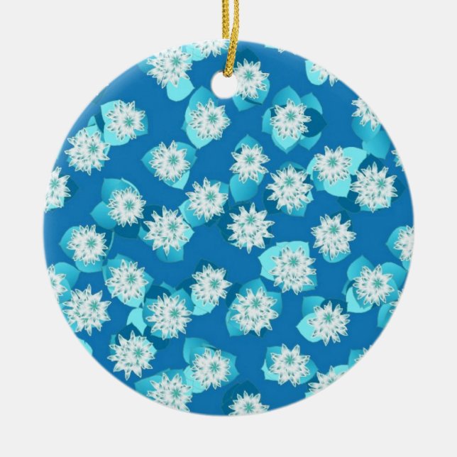 Water Lily pattern, turquoise, blue and white Ceramic Tree Decoration (Front)