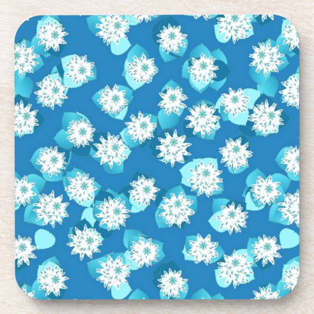 Water Lily pattern, turquoise, blue and white Coaster (Front)