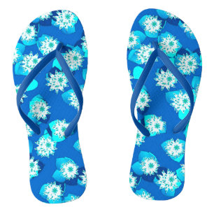 Water Lily pattern, turquoise, blue and white Flip Flops