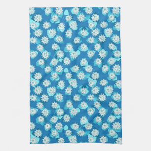Water Lily pattern, turquoise, blue and white Tea Towel