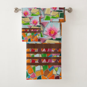 Water Lily  Penny Brown Mosaic Pattern Bath Towel Set
