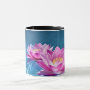 Water lily pink flower in water,full watercolor mug