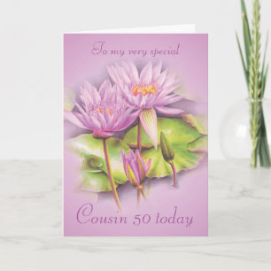 Water lily purple floral cousin 50 birthday card