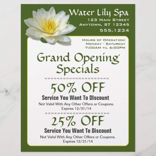Water Lily Spa Coupon Flyer (Front)