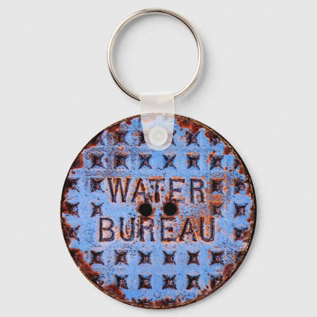 Water Manhole Cover. Rustic. California Key Ring (Front)