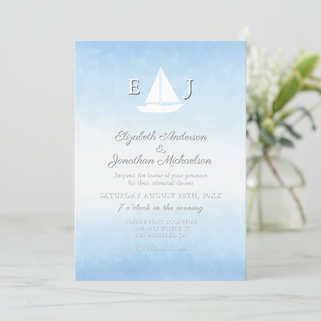 Water Meets Sky Watercolor Rehearsal Dinner Invitation (Standing Front)