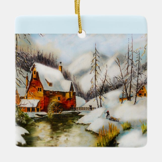 Water mill in the snow ceramic ornament (Front)