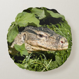 Water monitor lizard on grass round cushion