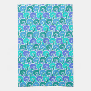 Water Ocean Waves in Blue Nautical Beach Pattern Tea Towel