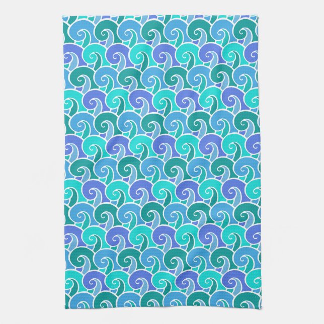 Water Ocean Waves in Blue Nautical Beach Pattern Tea Towel (Vertical)