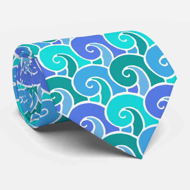 Water Ocean Waves in Blue Nautical Beach Pattern Tie (Rolled)
