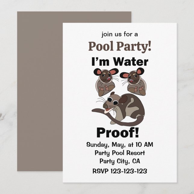 Water Opossum I'm Water Proof Pool Party Invitation (Front/Back)