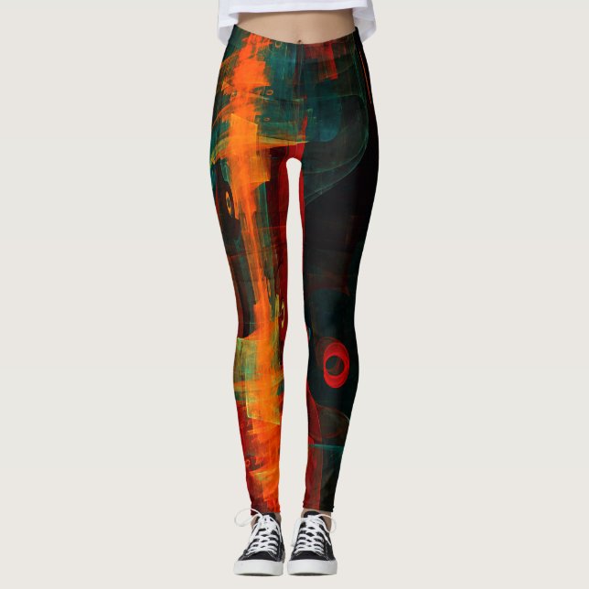 Water Orange Red Blue Modern Abstract Art Pattern Leggings (Front)