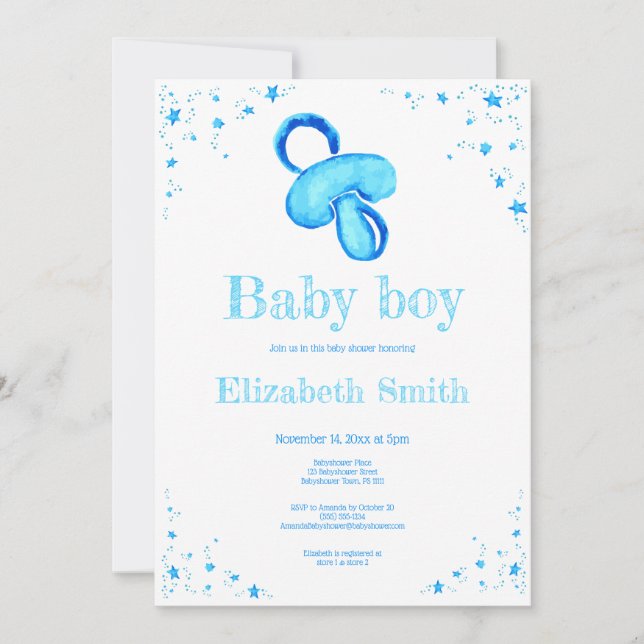 Water paint blue pacifier baby shower invitation (Front)