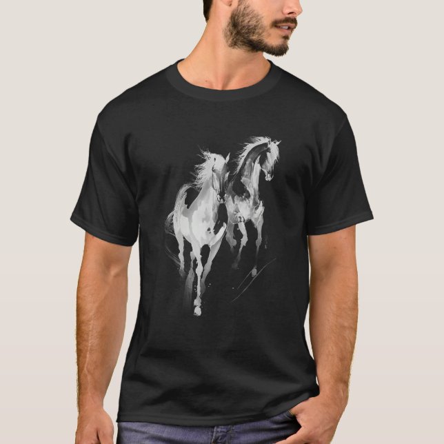 Water Paint White running Horses T-Shirt (Front)