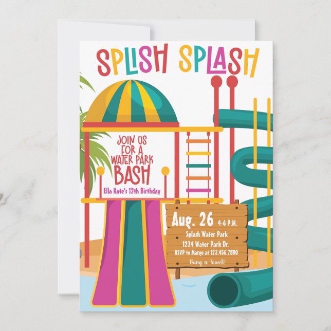 Water Park Birthday Party Splish Splash Bright Invitation (Front)