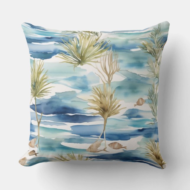 Water Plants Leaves & Fish  Aquarelle Decor Cushion (Front)