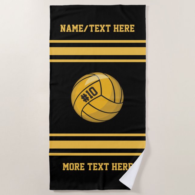 Water Polo Ball Team Player Name Number Custom Beach Towel (Front)
