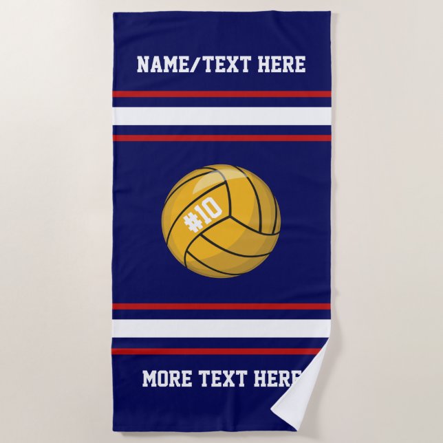 Water Polo Ball Team Player Name Red White Blue Beach Towel (Front)