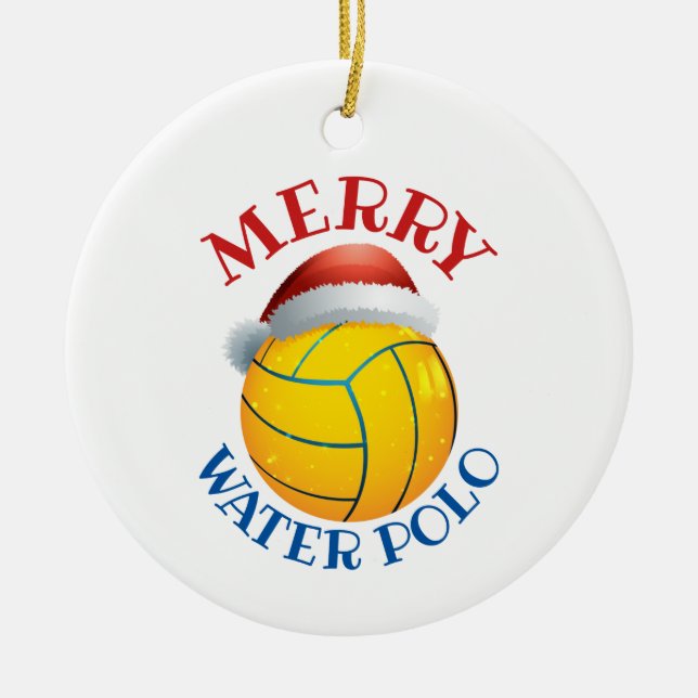 Water Polo Christmas Ball with Santa Hat Ceramic Tree Decoration (Front)