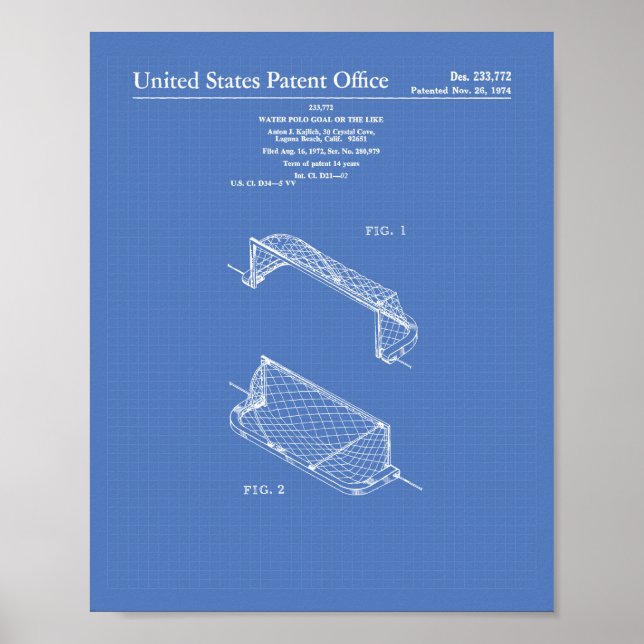 Water Polo Goal 1972 Patent Art Blueprint Poster (Front)