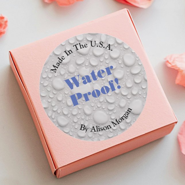 Water Proof, Blue Text, DIY 3 Text Lines & Photo Classic Round Sticker (Creator Uploaded)