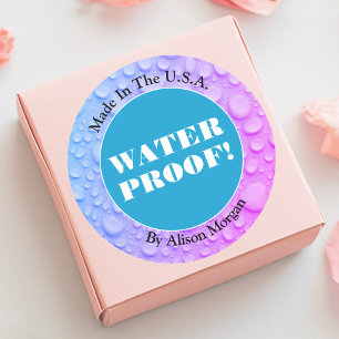 Water Proof White Text, 3 Text Lines, Photo Classic Round Sticker