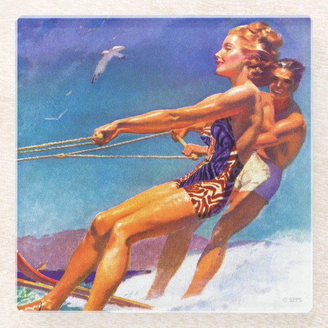 Water Skier by McClelland Barclay Glass Coaster (Front)
