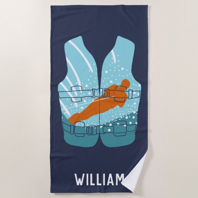 Water Skiing Life Jacket Graphic Personalised Beach Towel (Front)