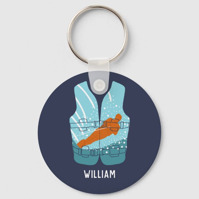 Water Skiing Life Jacket Graphic Personalised Key Ring (Front)
