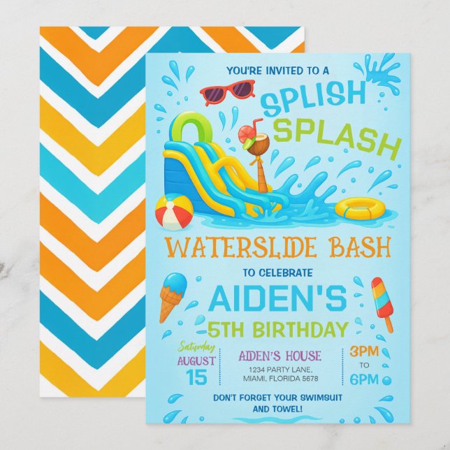 Water Slide Bash Invitation, Water Slide Birthday Invitation (Front/Back)