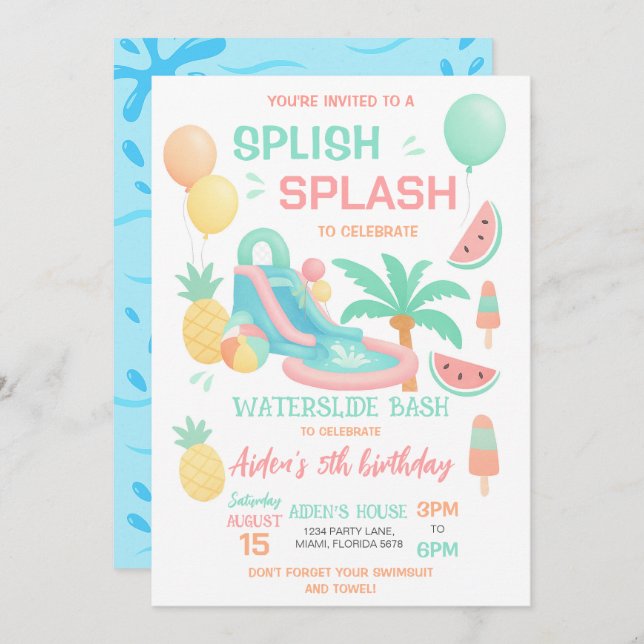 Water Slide Birthday Party Bash Invitation (Front/Back)