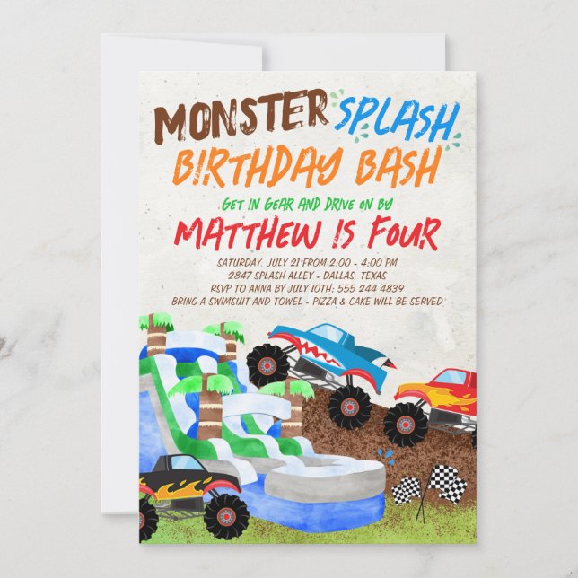 Water Slide Monster Truck Birthday Invitation (Front)