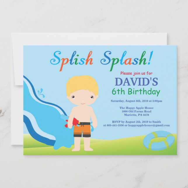 Water Slide Pool Party Birthday Invitation Boy (Front)