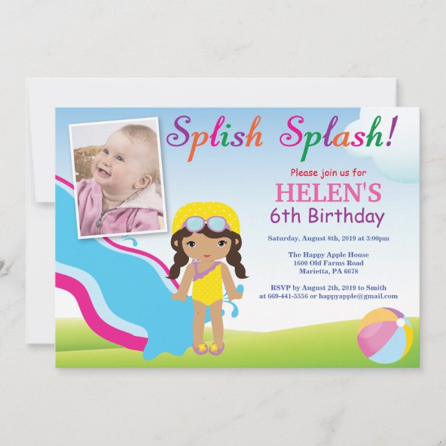 Water Slide Pool Party Birthday Invitation Girl (Front)
