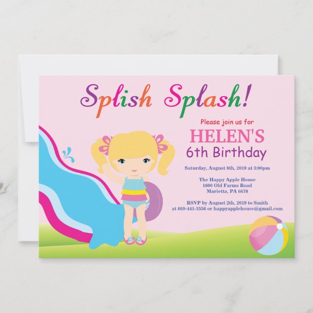 Water Slide Pool Party Birthday Invitation Girl (Front)