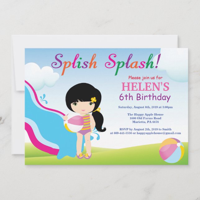 Water Slide Pool Party Birthday Invitation Girl (Front)