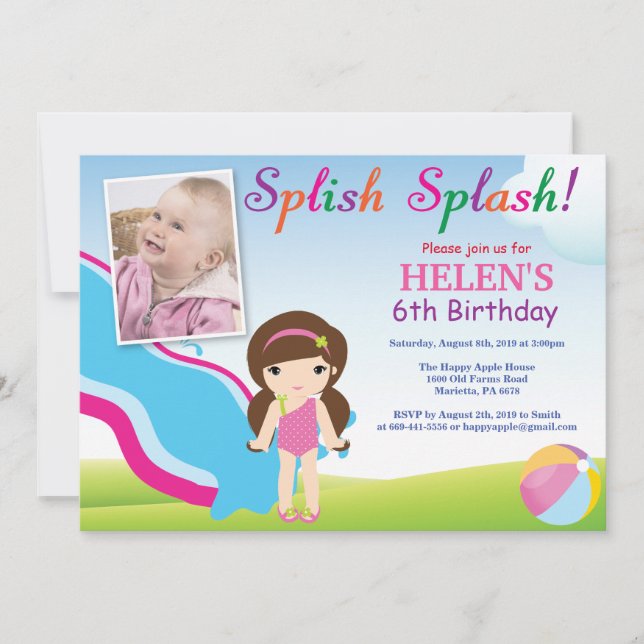 Water Slide Pool Party Birthday Invitation Girl (Front)