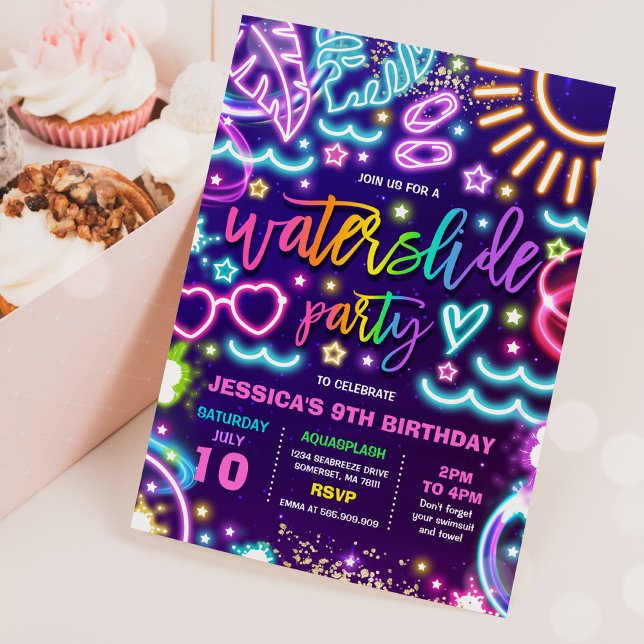 Water Slide Splash Pad Birthday Party Neon Glow Invitation (Creator Uploaded)